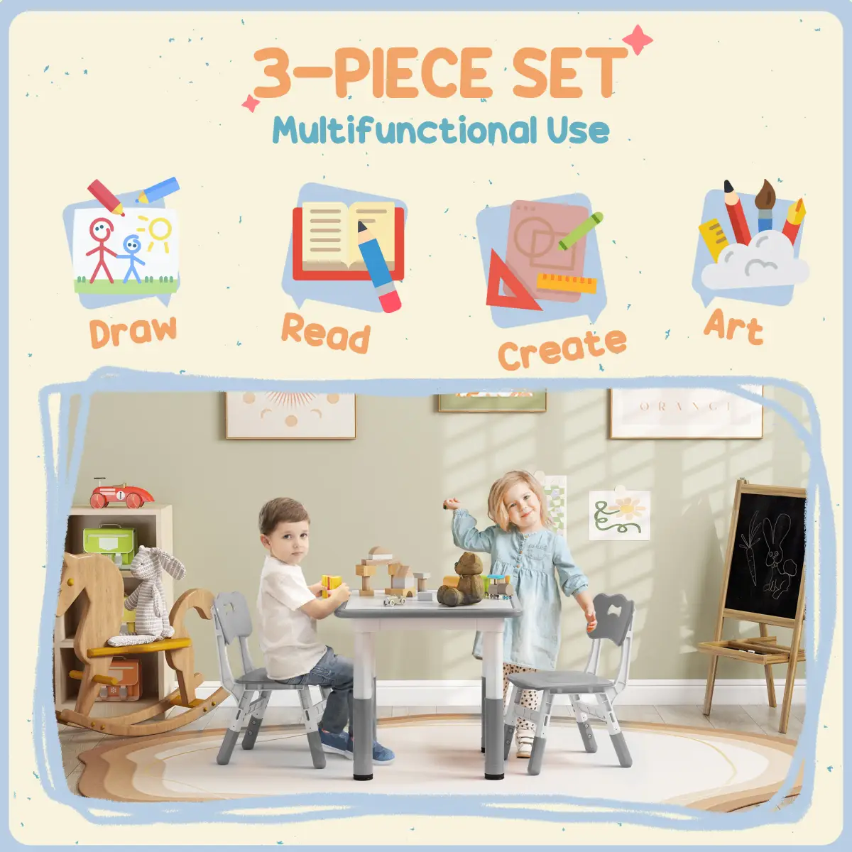 AIYAPLAY AIYAPLAY 3 Pcs Height Adjustable Kids Table and Chair Set for Playroom - Grey - Picnic Tables