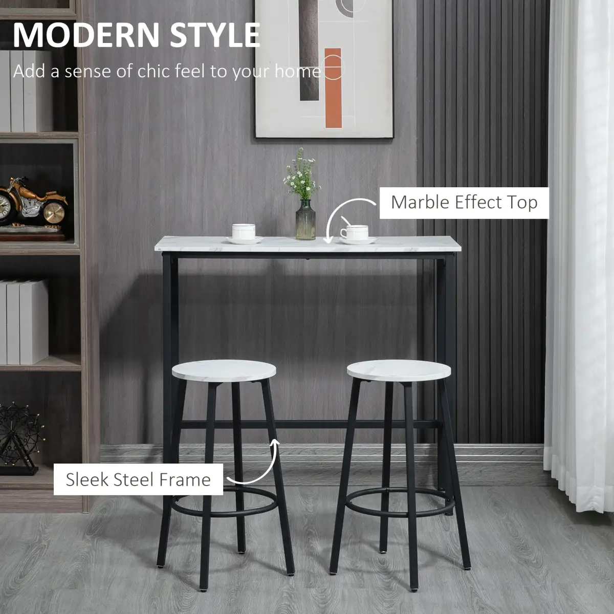 HOMCOM HOMCOM 3 Piece Bar Table Set for 2 with Stools Steel Frame Footrest White - Dining Set