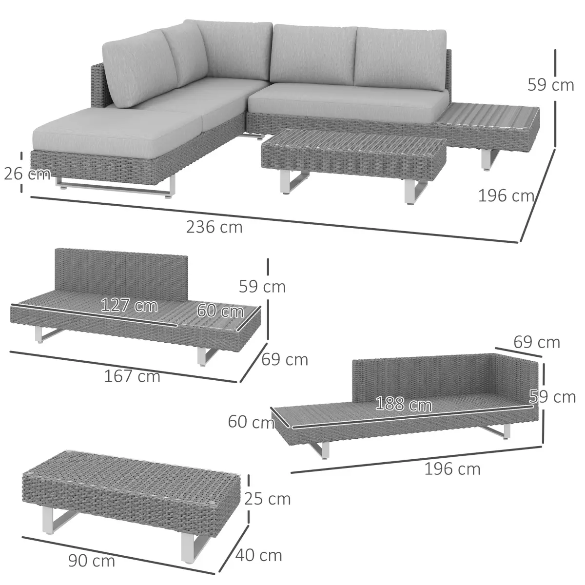 Outsunny Outsunny 3pc Rattan Wicker Sofa Set with Tea Table & Cushions, Light Grey - Garden Set