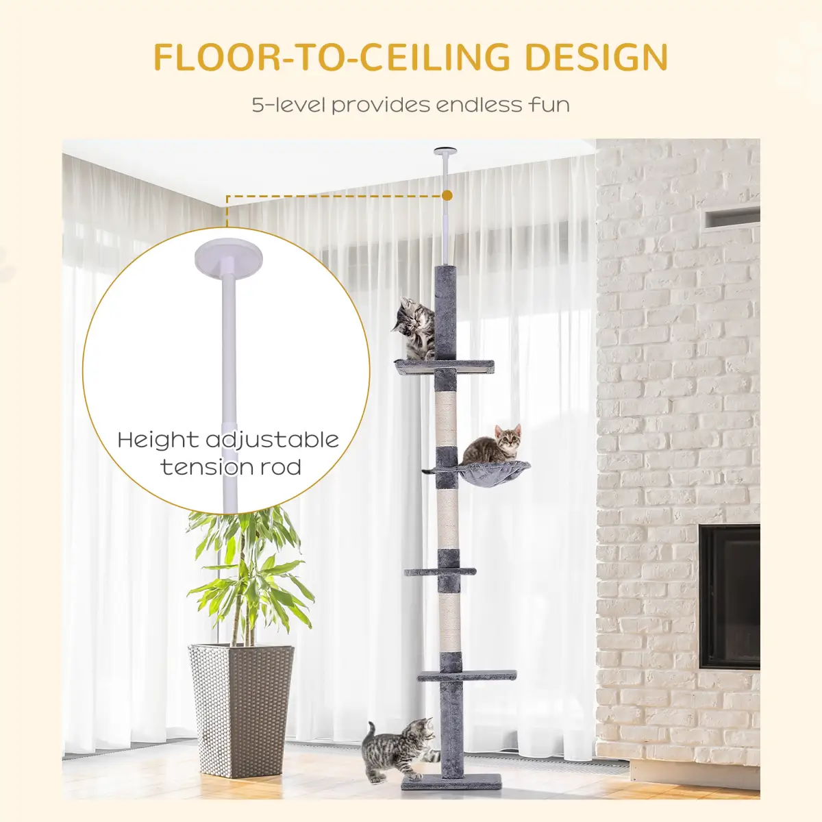 Unbranded Cat Tree Scratching 5-Tier Kitty Tower Floor to Ceiling Adjustable Pawhut - Cat Tree