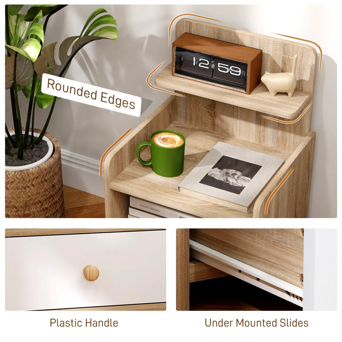 HOMCOM HOMCOM Bedside Table with Drawer for Bedroom, Living Room, Natural Wood Effect - Bedside Table