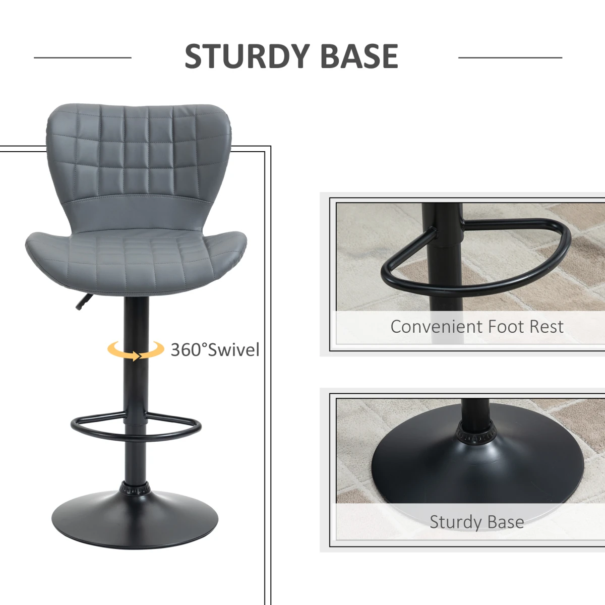 Unbranded Bar Stools Set of 2 Adjustable Height Swivel Bar Chairs with Footrest Grey -