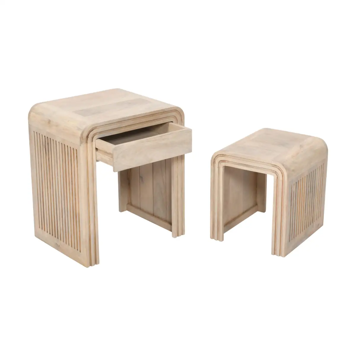 Indian Hub Hudson Carved Mango Wood Nest Of 2 Tables With Drawer - Nest of Tables
