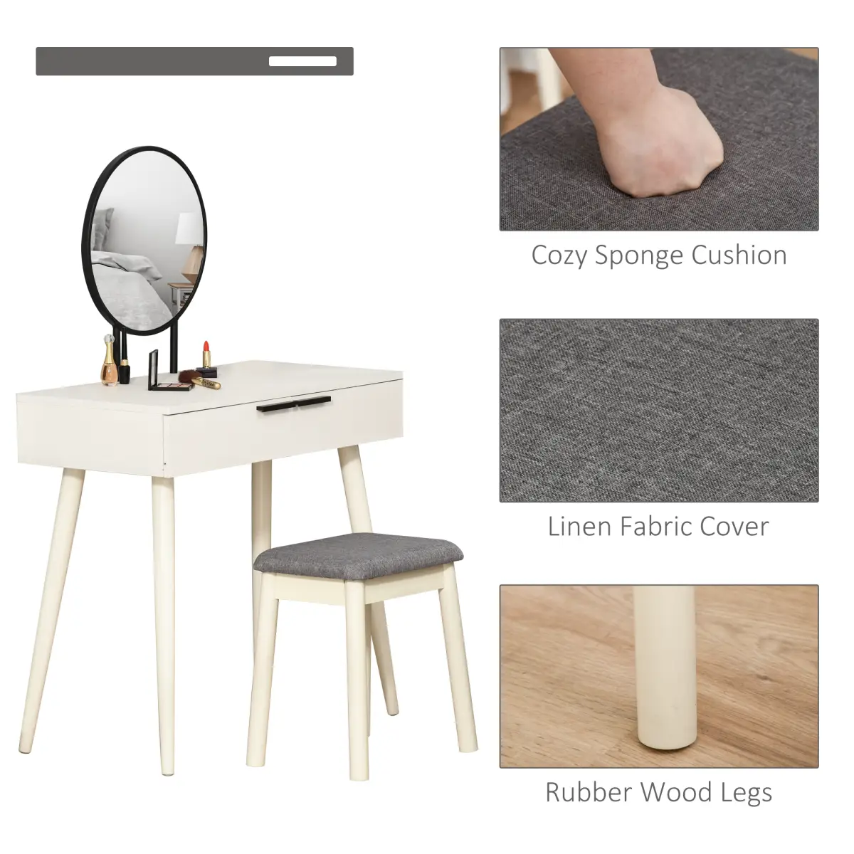 HOMCOM Dressing Table Vanity Set Makeup Desk with Round Mirror Cushioned Stool White - Desk