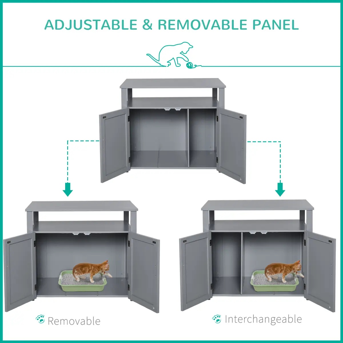 Wood Cat Litter Box Enclosure Furniture Adjustable Interior Wall Grey Pawhut - Cat Litter
