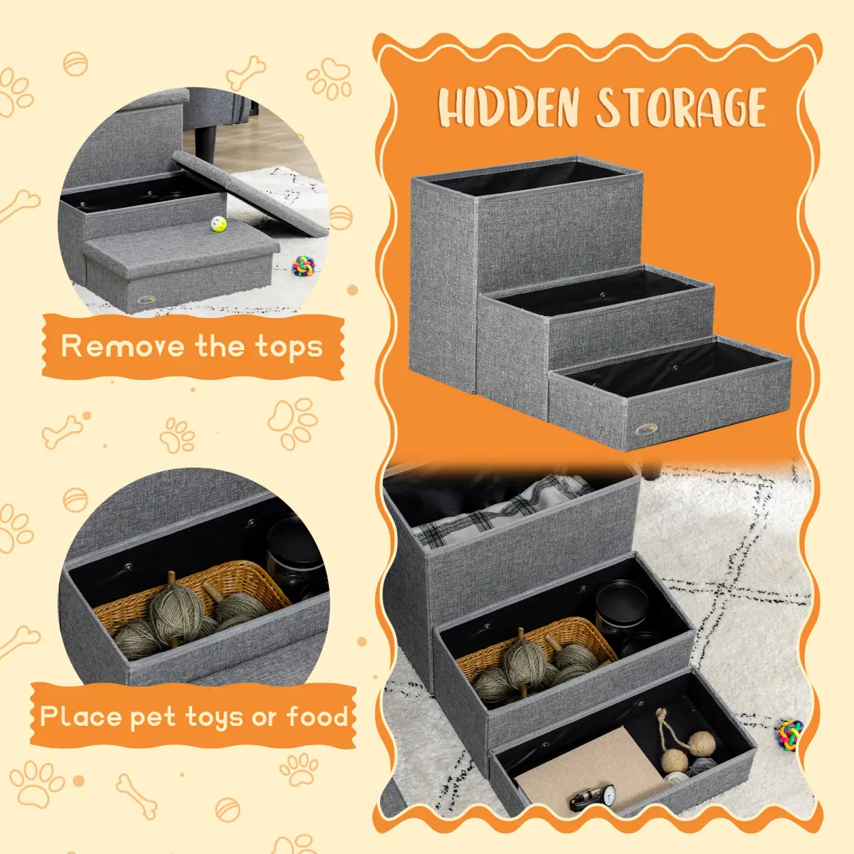 PawHut PawHut 3 Step Dog Steps with Storage Boxes, Cat Stairs for Bed Sofa, Light Grey - Dog Steps