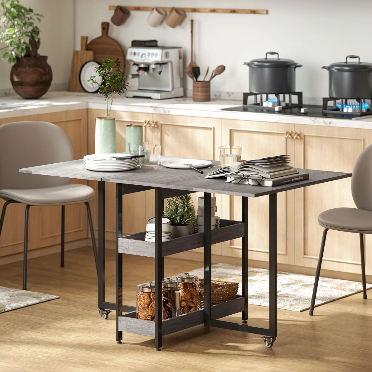 Grey Folding Dining Table Compact Two Drop Leaves Seats Four by N/A