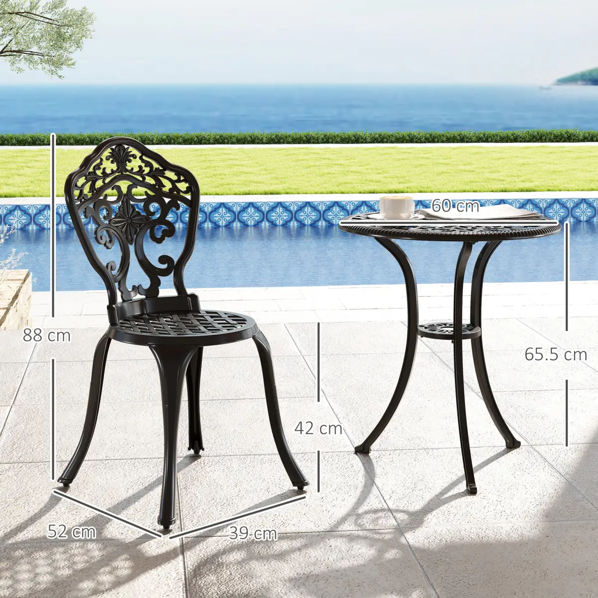 Outsunny Outsunny 3 PCs Cast Aluminium Bistro Set w/ Parasol Hole for Balcony, Black - Garden Set