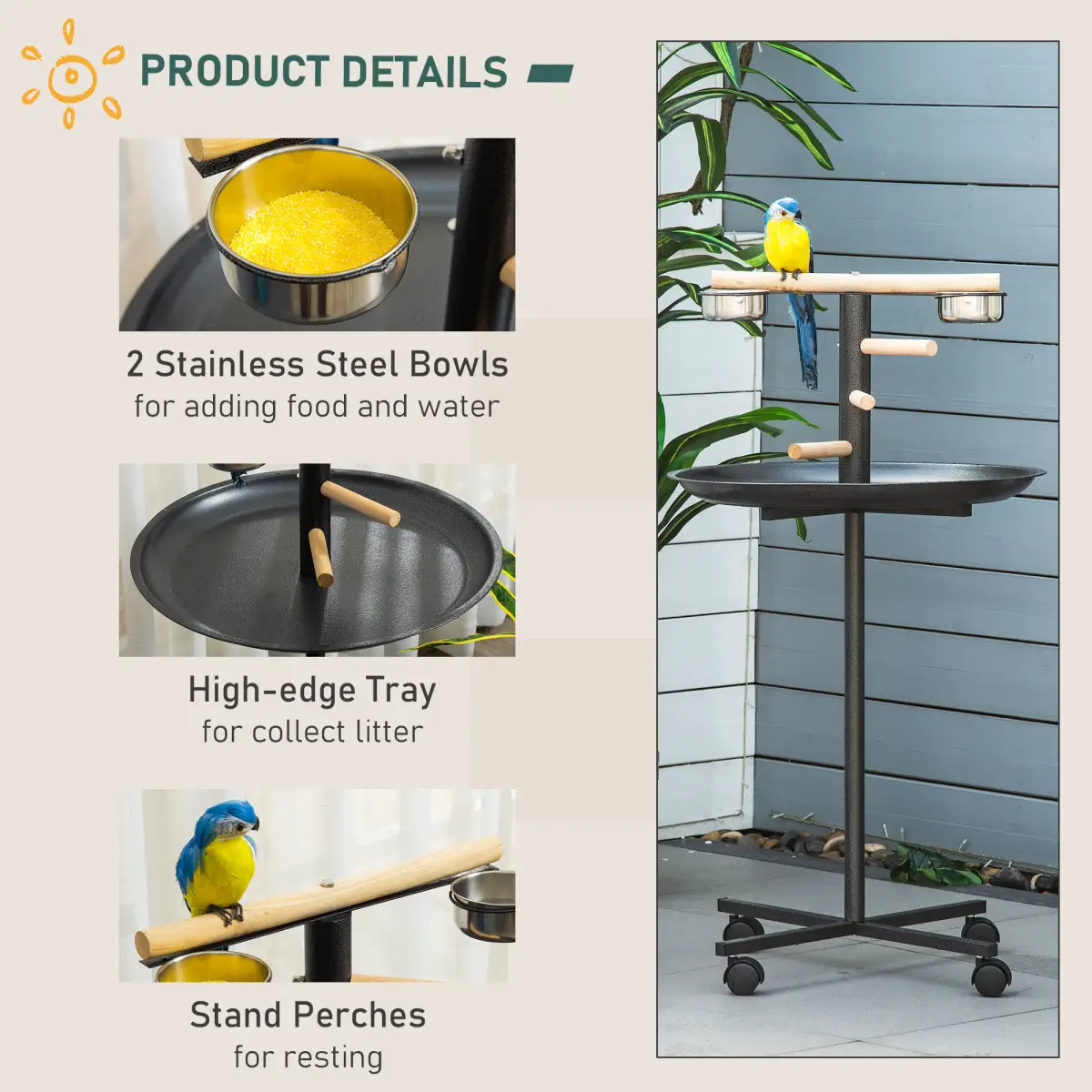 Pawhut Bird Play Stand Portable Feeder Station w/ Wooden Perches, Stainless Steel Bowls - Bird Feeder