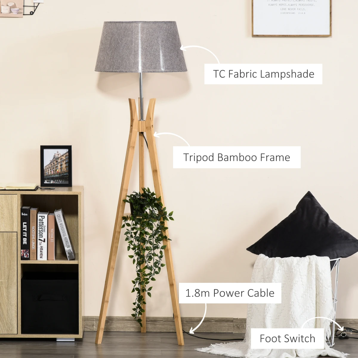 HOMCOM Tripod Floor Lamp 156cm with Fabric Shade for Modern Living Rooms by Homcom