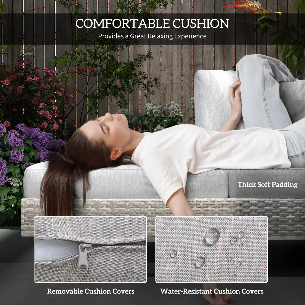Outsunny 3pc Rattan Sofa Set Lounge Furniture Tea Table, Side Table & Cushioned Grey - Garden Sofa Sets