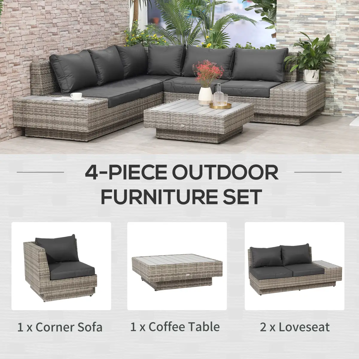 Outsunny 5-Seater Rattan Sectional Corner Sofa Table Set Cushions - Light Grey - Garden Sofa Sets