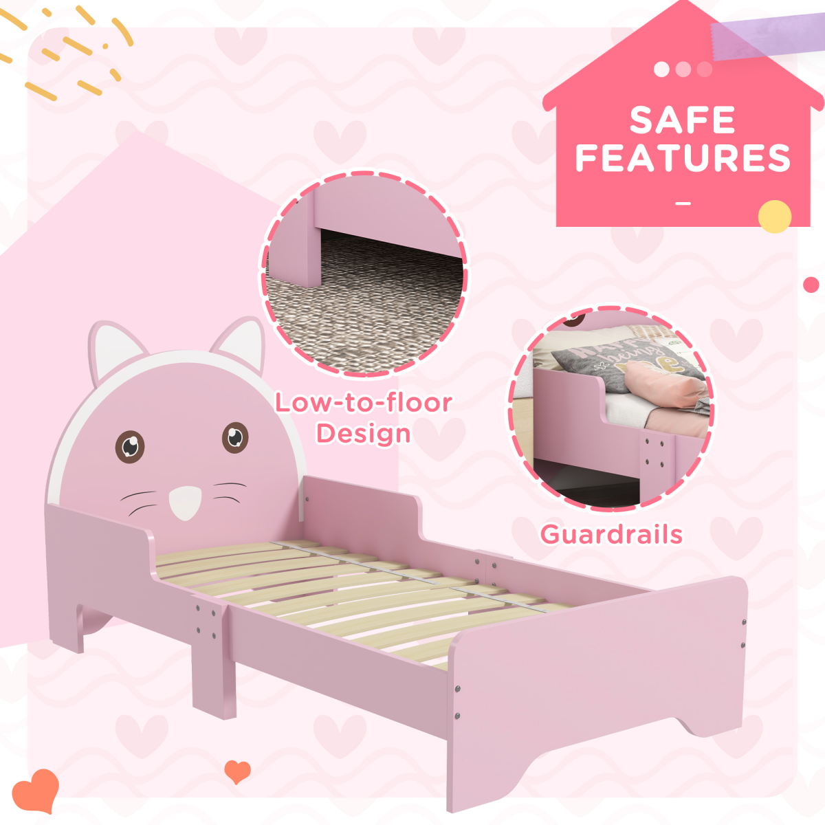 ZONEKIZ Toddler Bed Frame Cat Design Kids Bed with Guardrails - Pink - from ZONEKIZ