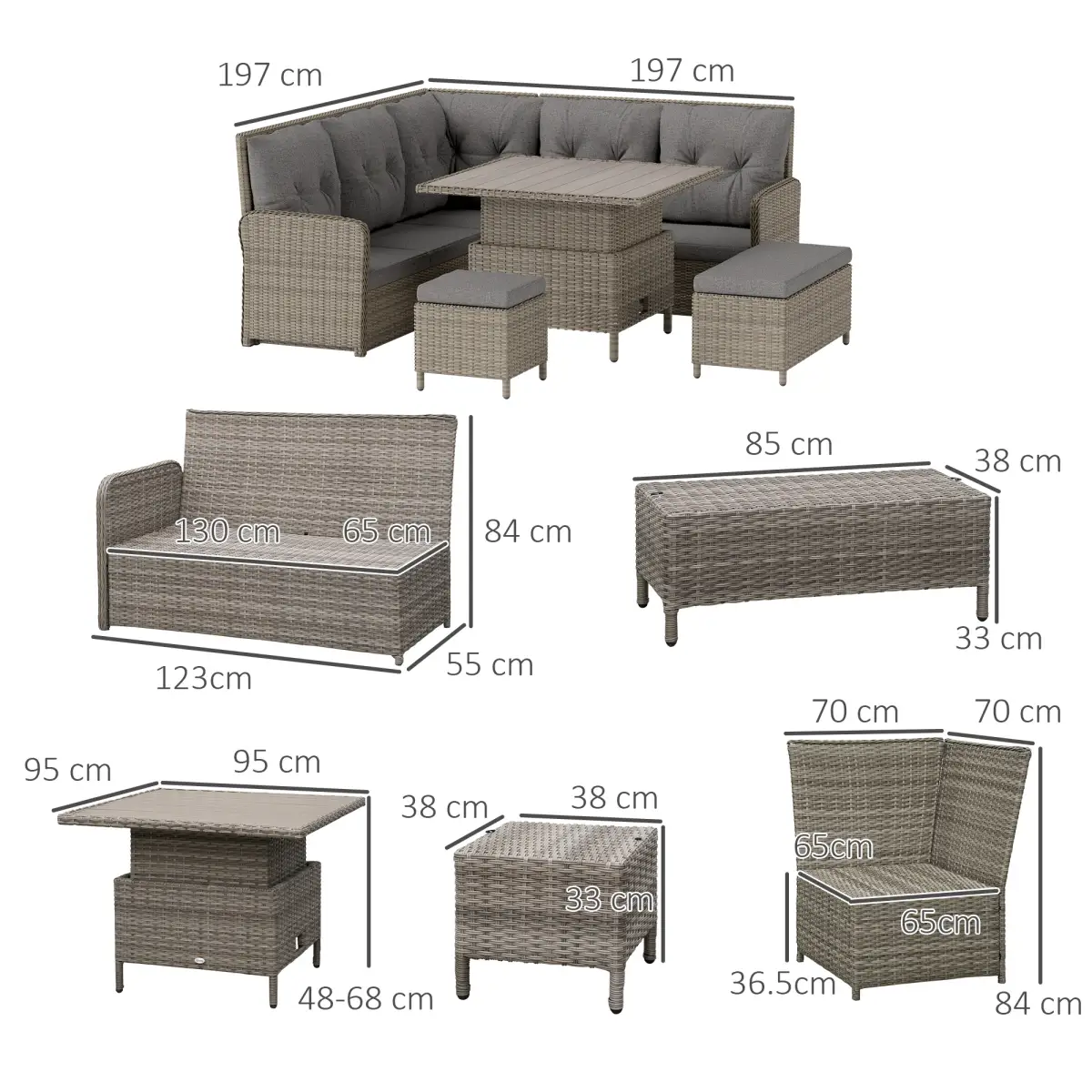 Outsunny Outsunny 6 PCs Rattan Garden Furniture Sectional Corner Sofa, Light Grey - Garden Sofa Sets