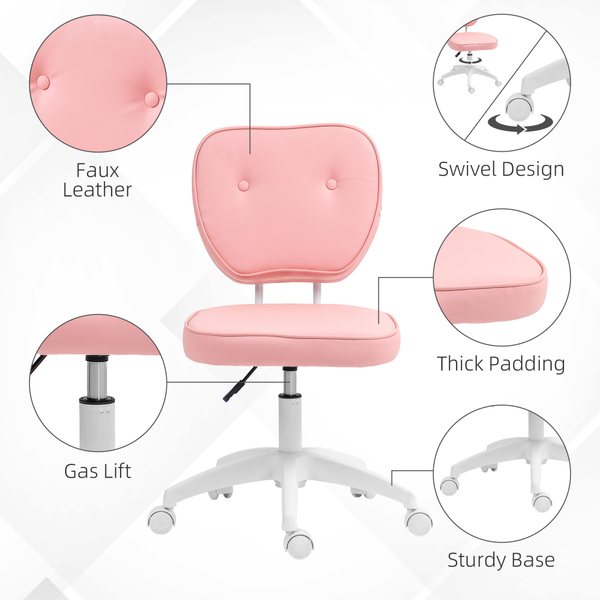 Vinsetto Vanity Office Chair, PU Leather Computer Chair for Home, with Adjustable Height, Armless, Swivel Wheels, Pink - from Vinsetto