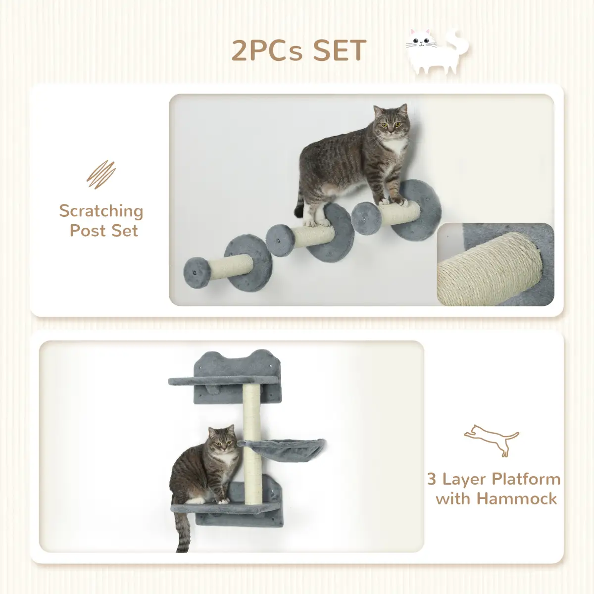PawHut Cat Shelf with Scratching Post, Wall-Mounted Cat Tree for Indoor Cat - Grey - Cat Tree