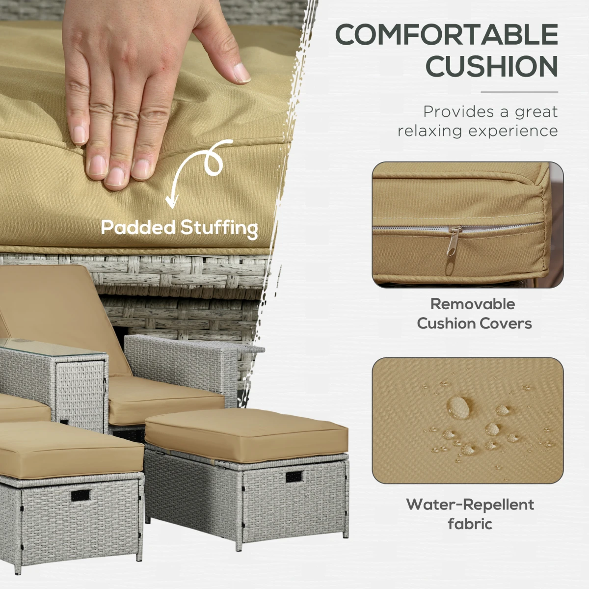 Outsunny Premium Rattan Lounge Set 5-Piece With Beige Cushions For Outdoor Patio Use And Garden Parties - Sun Lounger