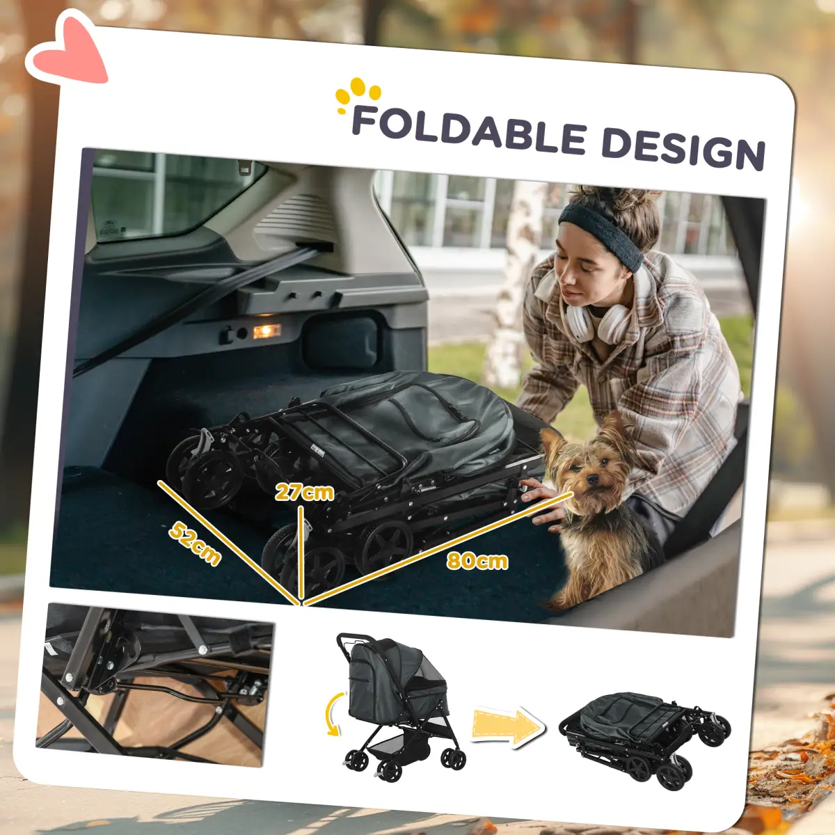 PawHut PawHut Pet Stroller Dog Foldable Travel Carriage with Reversible Handle, Grey - Pet Carrier