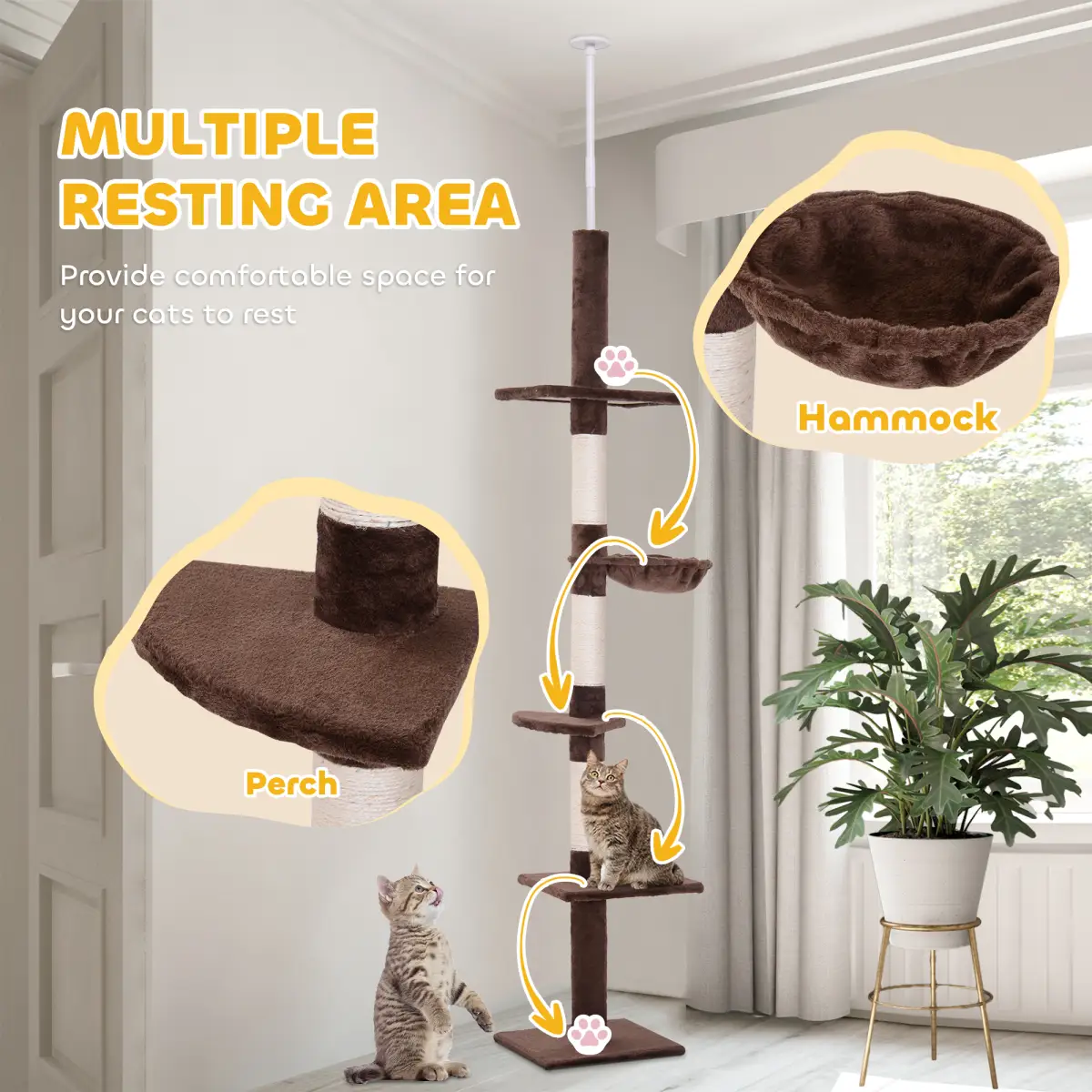 PawHut Floor to Ceiling Cat Tree for Indoor Cats 5-Tier Kitty Tower Brown - Cat Tree