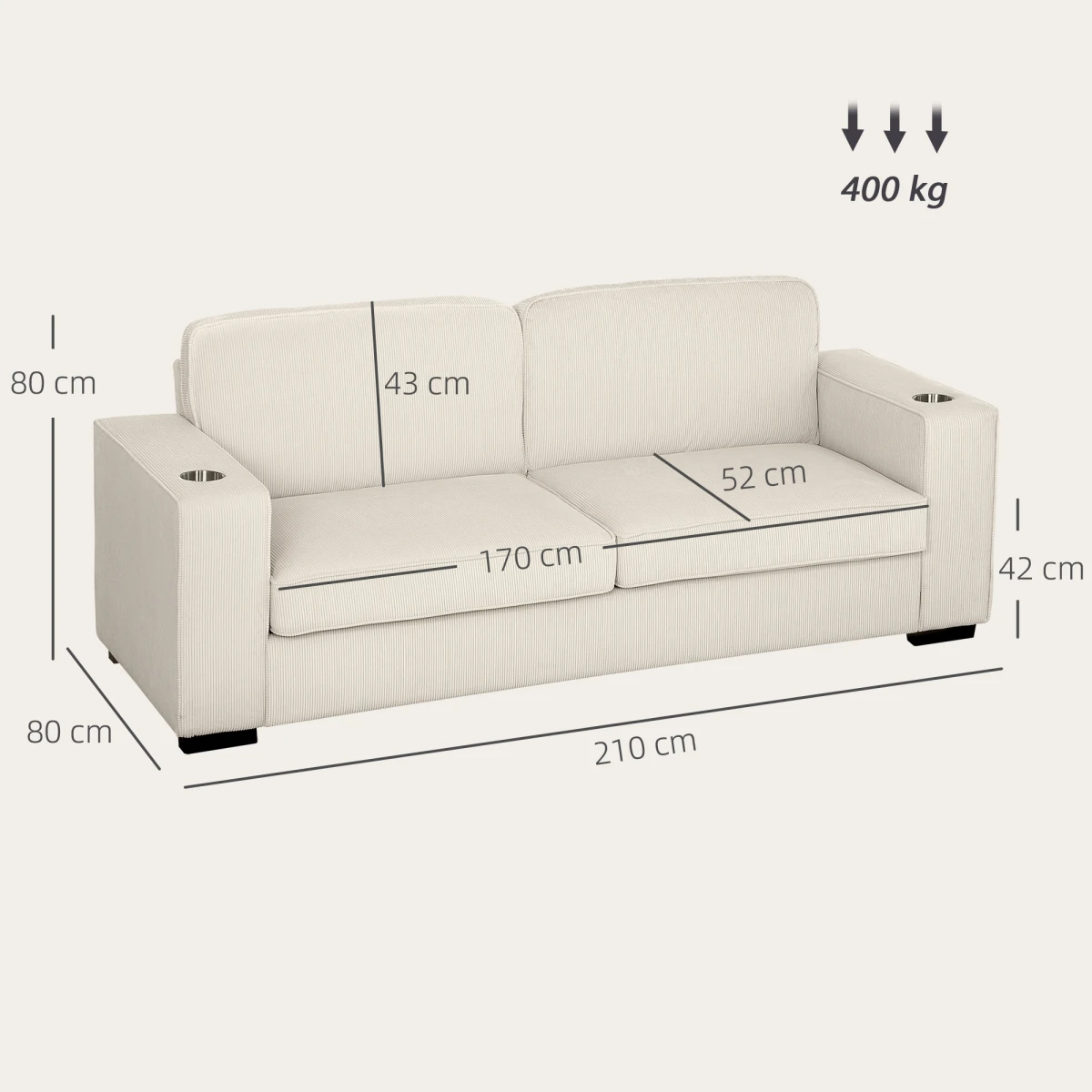 HOMCOM Three Seater Sofa Corduroy Cream White Cup Holders - Sofa