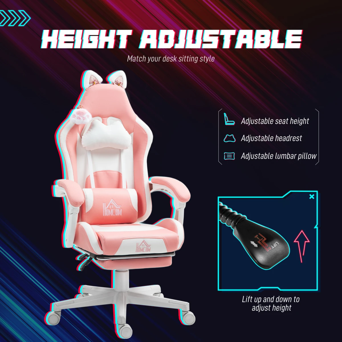 HOMCOM Pink Gaming Chair 44-52cm Recline Footrest for Gamers by HOMCOM