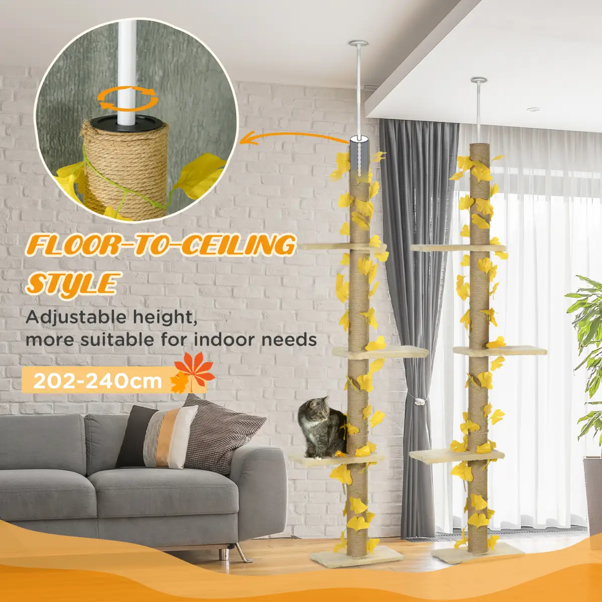 PawHut 242cm Adjustable Floor-To-Ceiling Cat Tree w/ Anti-Slip Kit - Yellow - Cat Tree