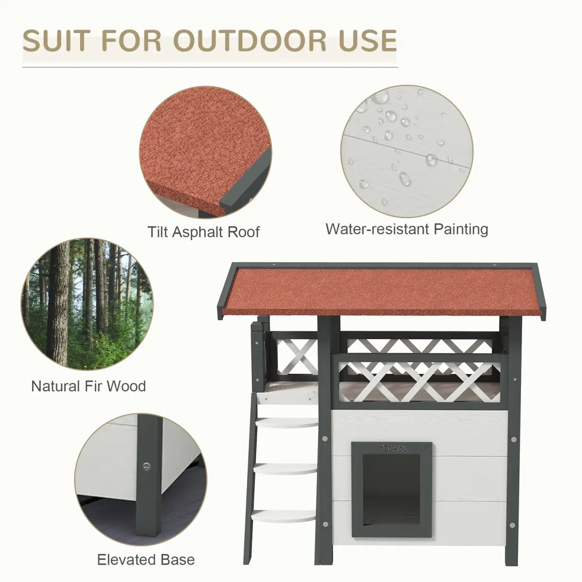 PawHut PawHut Outdoor Cat House with Balcony Stairs Roof, White - Cat House