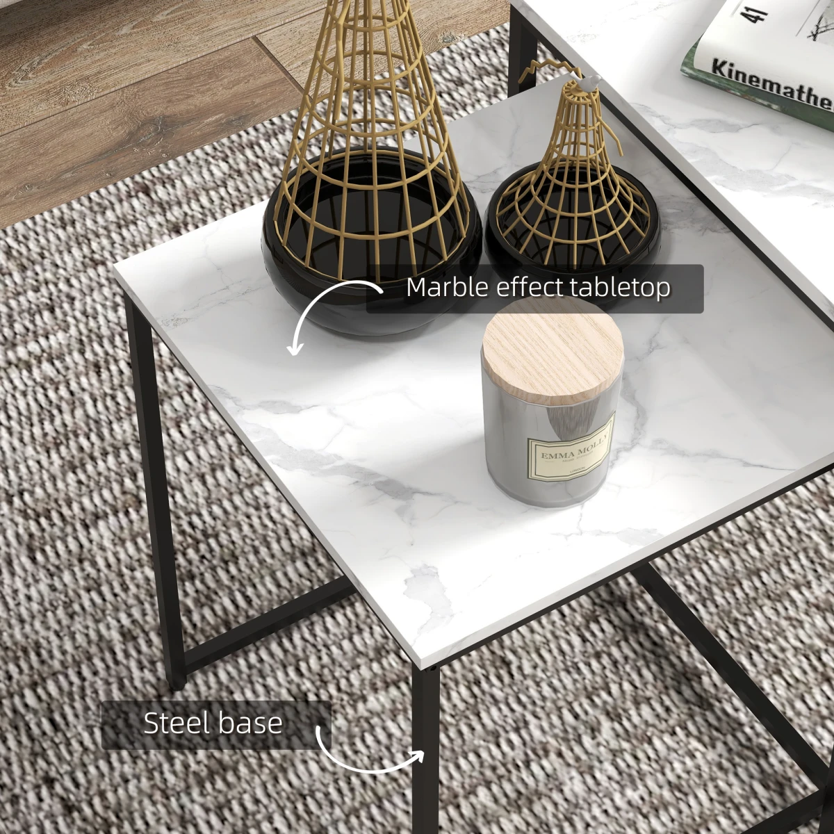 HOMCOM Nesting Coffee Tables Three Piece White Marble Top With Steel Frames Adjustable Feet Living Room by HOMCOM