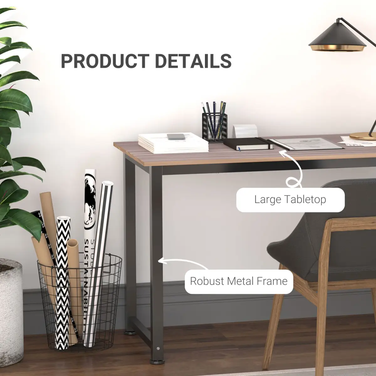HOMCOM Computer Desk W/ Black Metal Frame MDF, 120W x 60D x 76Hcm-Oak Grain Tone - Desk