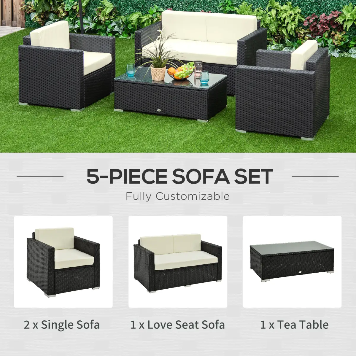 Outsunny 4 Pieces Rattan Sofa Set, Steel-Black - Garden Sofa Sets