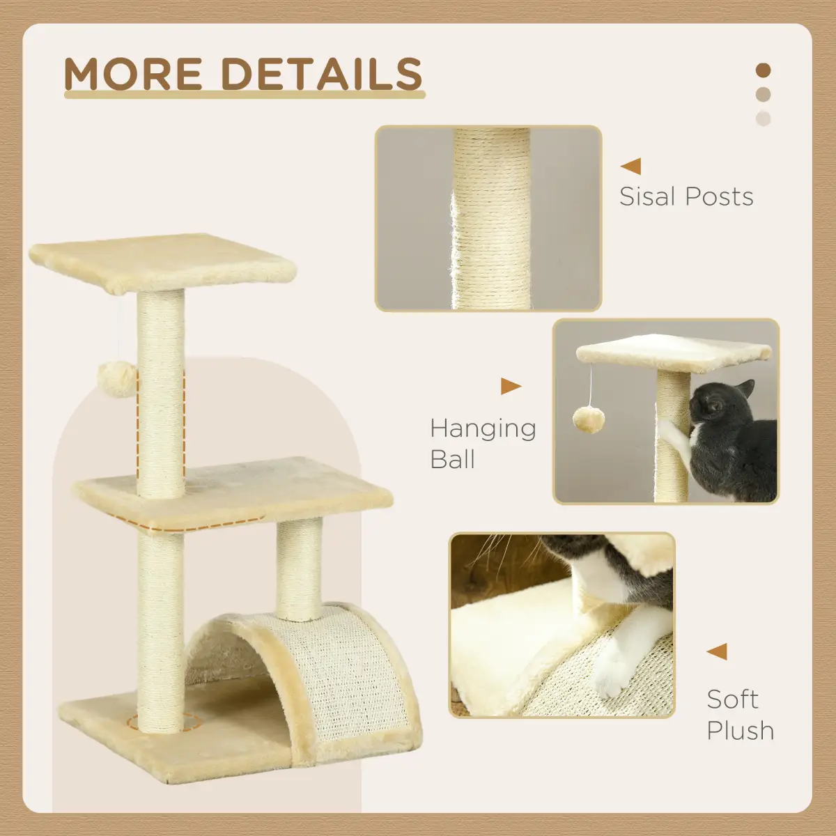 PawHut PawHut 72cm Cat Tree Climbing Tower with Sisal Scratching Post - Cream White - Cat Tree