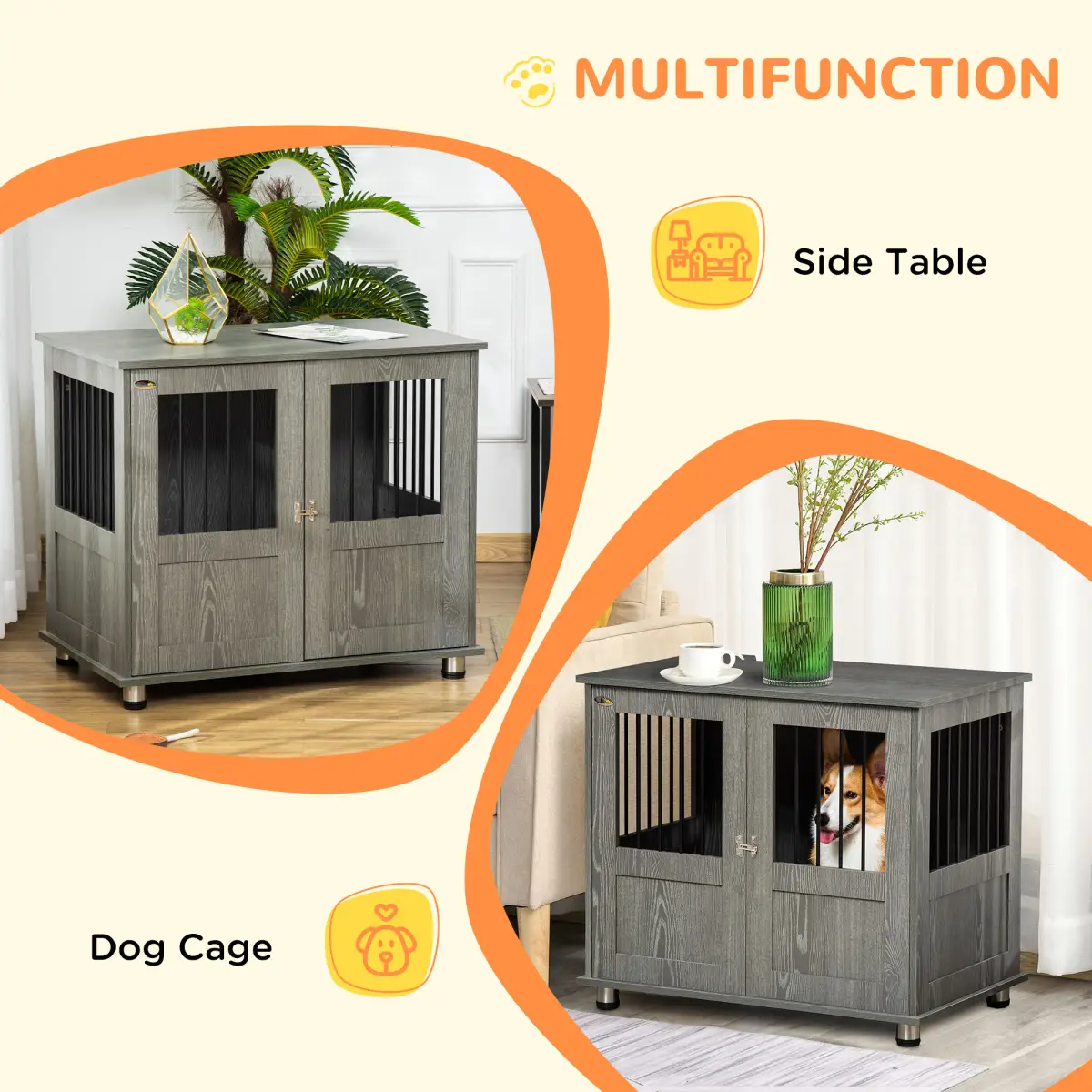 Pawhut Wooden & Wire Dog Cage for Medium Dog, Stylish Pet Kennel w/ Magnetic Doors - Dog Kennel