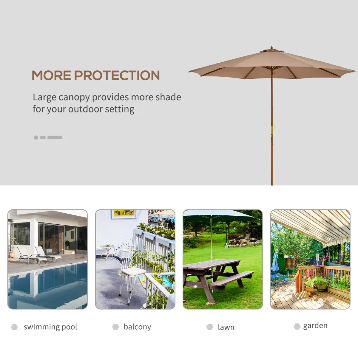 Outsunny Outsunny 3(m) Wooden Garden Parasol Sun Shade Outdoor Umbrella Canopy Khaki - Parasol