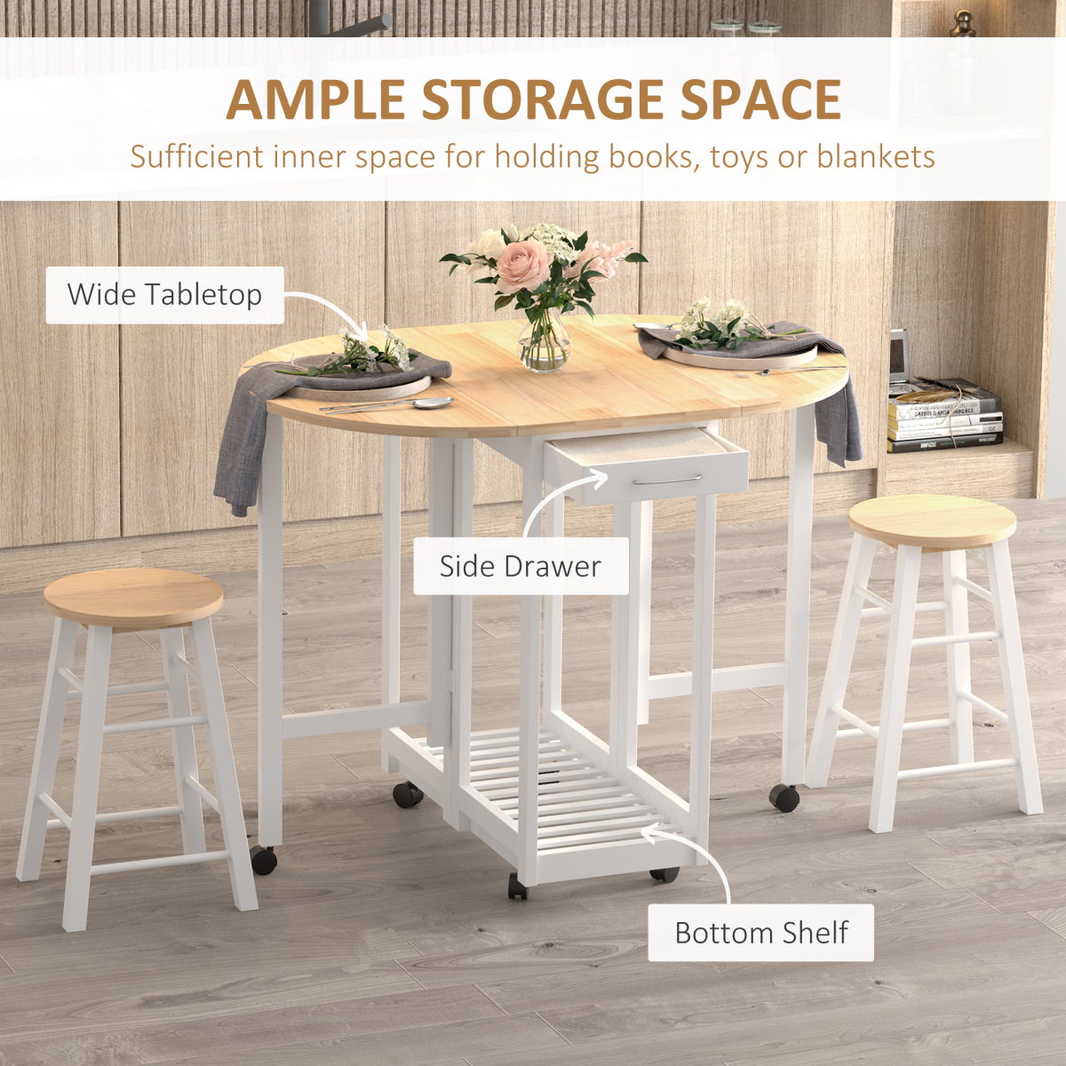 3pc Wooden Kitchen Cart Mobile Rolling Trolley Folding Stools Wheels Drawers - from Unbranded