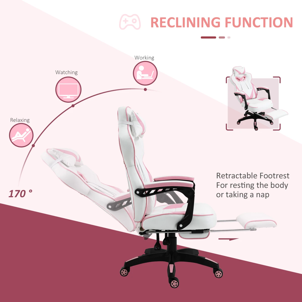 Gaming Chair Ergonomic Reclining w/ Manual Footrest Wheels Stylish Office Pink by Vinsetto