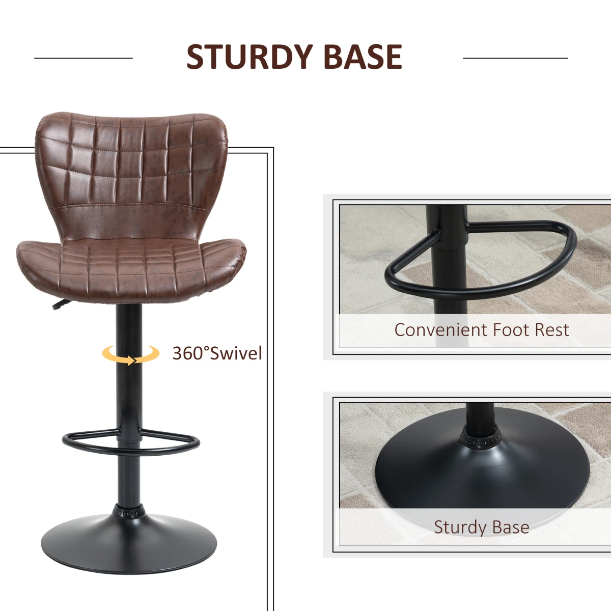 Set of 2 Adjustable Height Swivel Bar Chairs in PU Leather with Backrest Brown by HOMCOM
