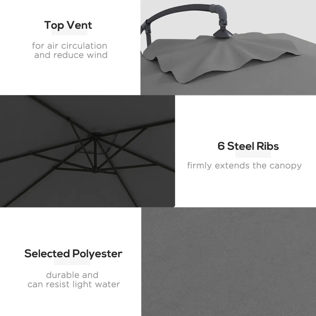 Outsunny Outsunny 3 m Cantilever Parasol with Cross Base, Crank Handle, 6 Ribs, Grey - Parasol