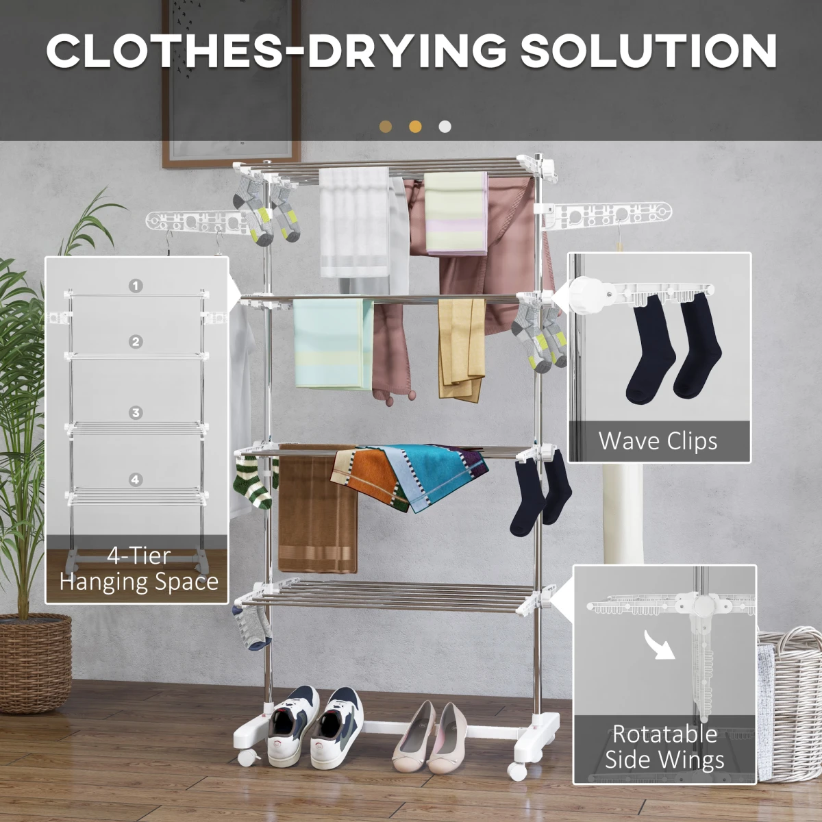 Premium Clothes Rack 4 Layer Folding With Wheels For Home by HOMCOM