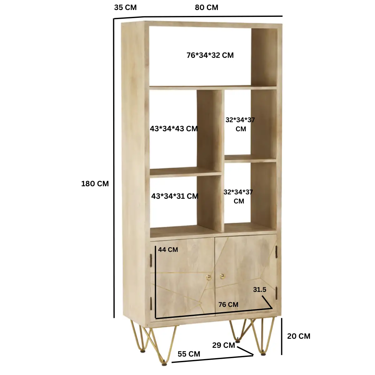 Indian Hub Light Gold Large Bookcase 2 Door - Bookcase