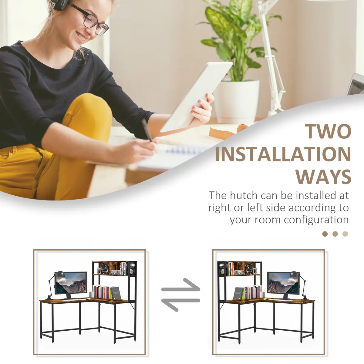 HOMCOM 149x140x125cm Industrial L-Shaped Desk w Shelf - Brown & Black - Desk