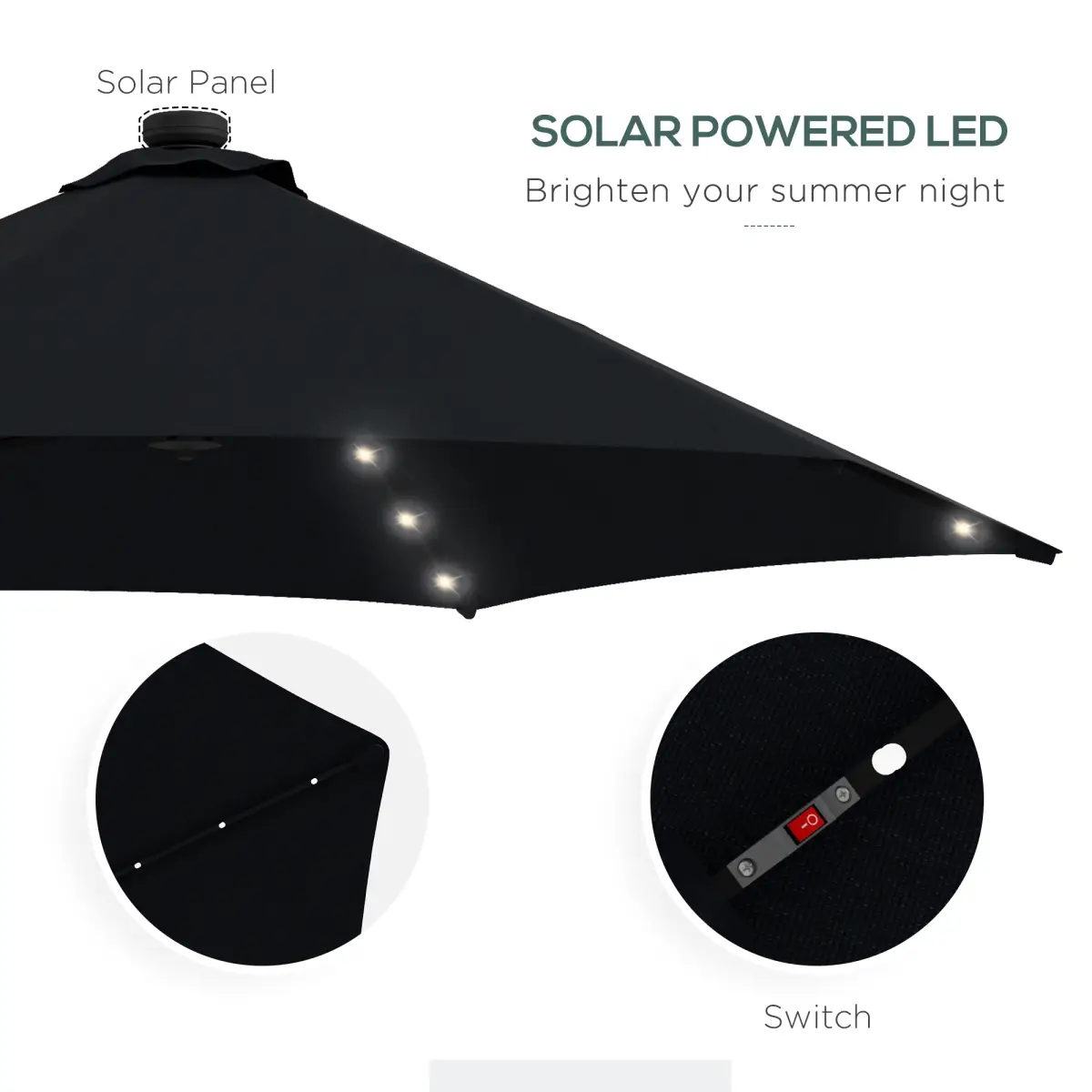 Outsunny Outsunny 3(m) Cantilever Garden Parasol Umbrella W/ Solar LED and Cover, Black - Parasol