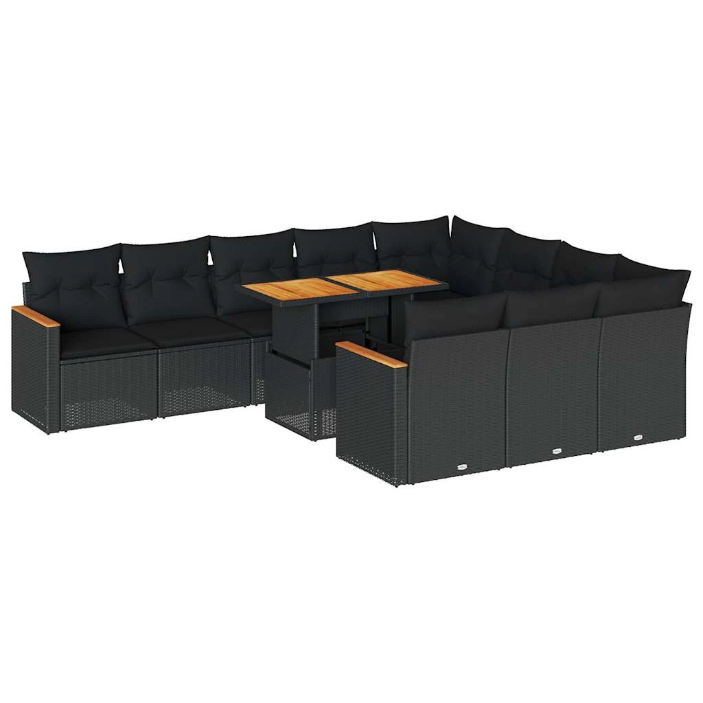 vidaXL vidaXL 11 Piece Garden Sofa Set with Cushions Black Poly Rattan Acacia - Garden Sofa Sets