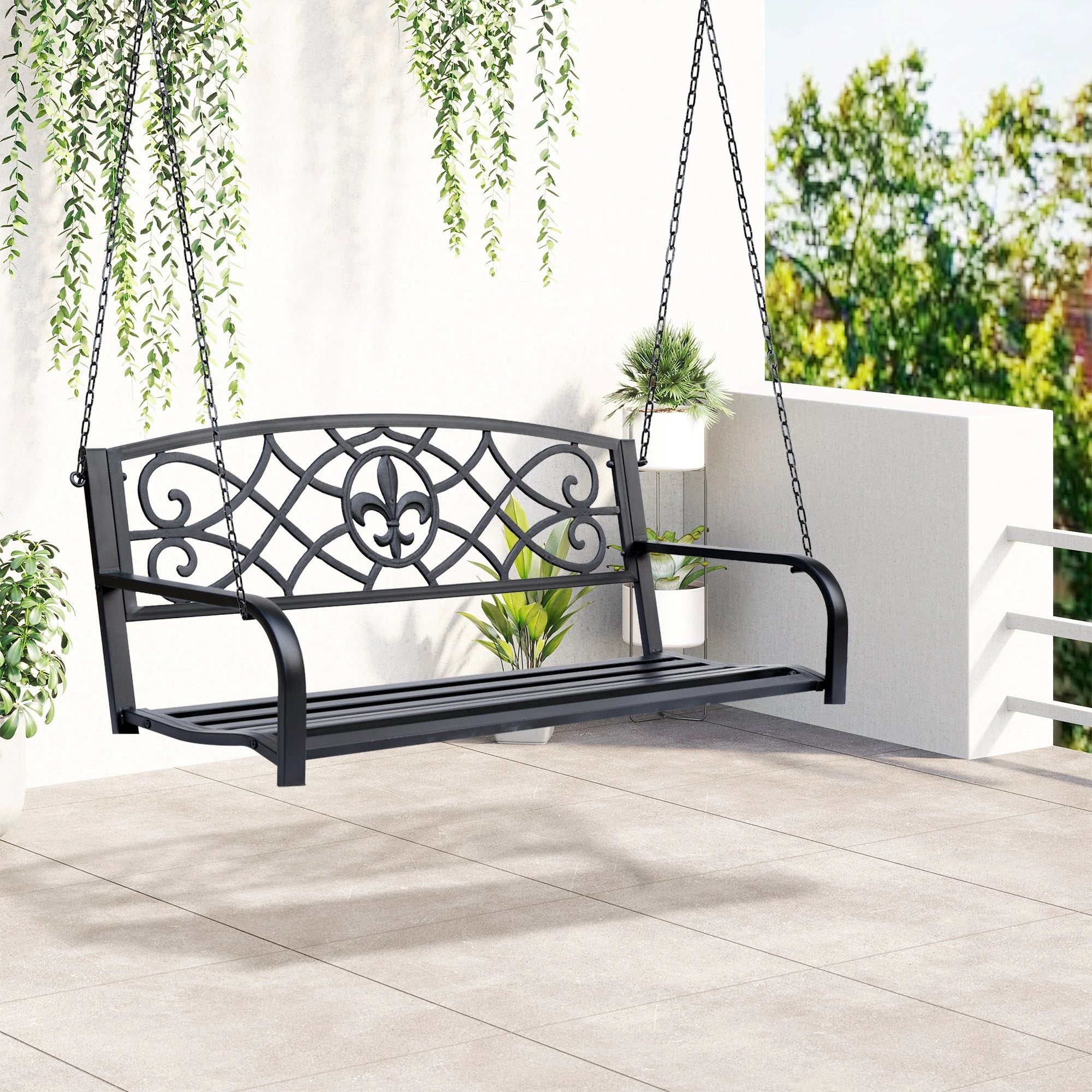 Outsunny Steel Fleur-de-Lis Design Porch Swing Seat Bench with Chains - Hammocks