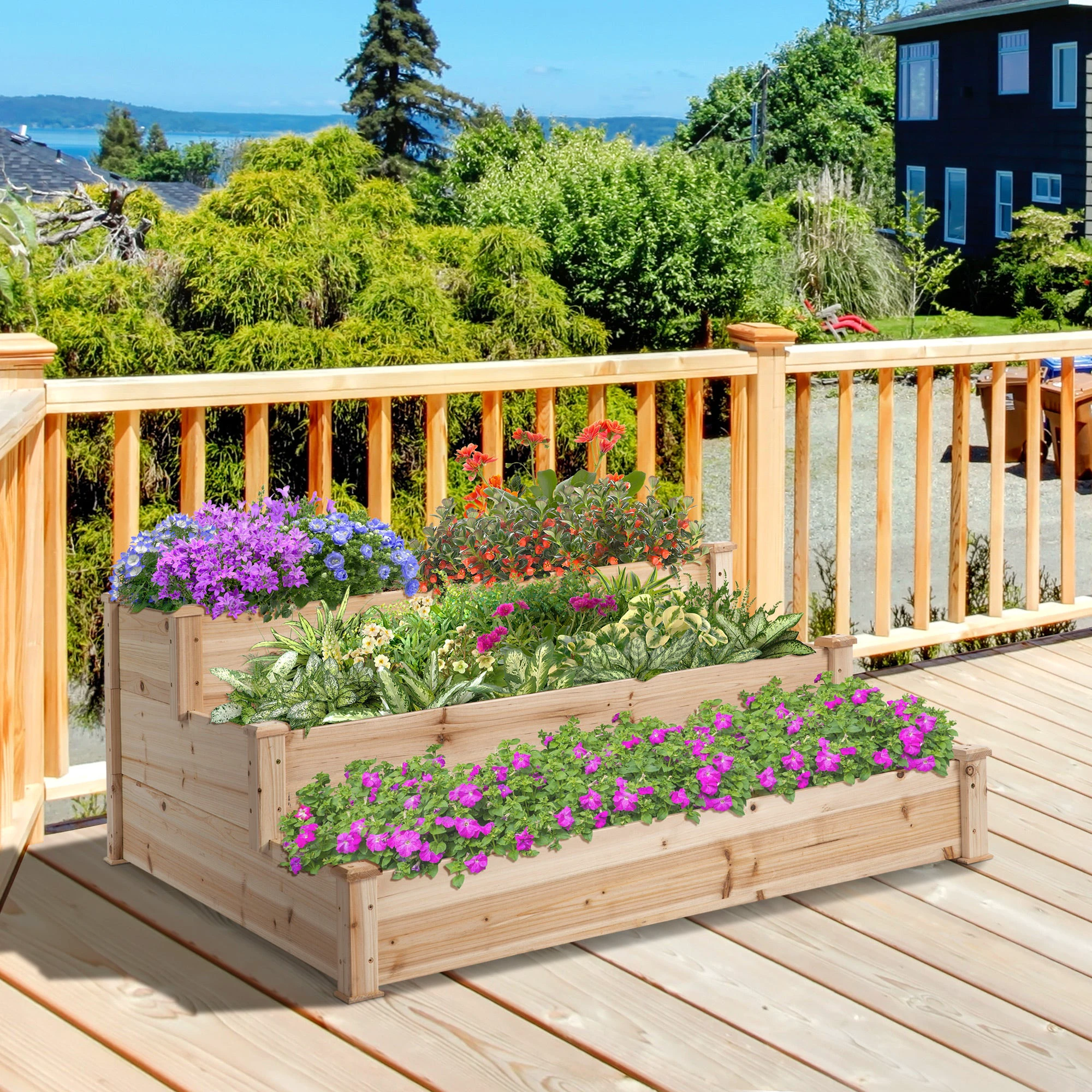 Premium Raised Bed Planter 124x124x56cm Three Tier Garden by Outsunny