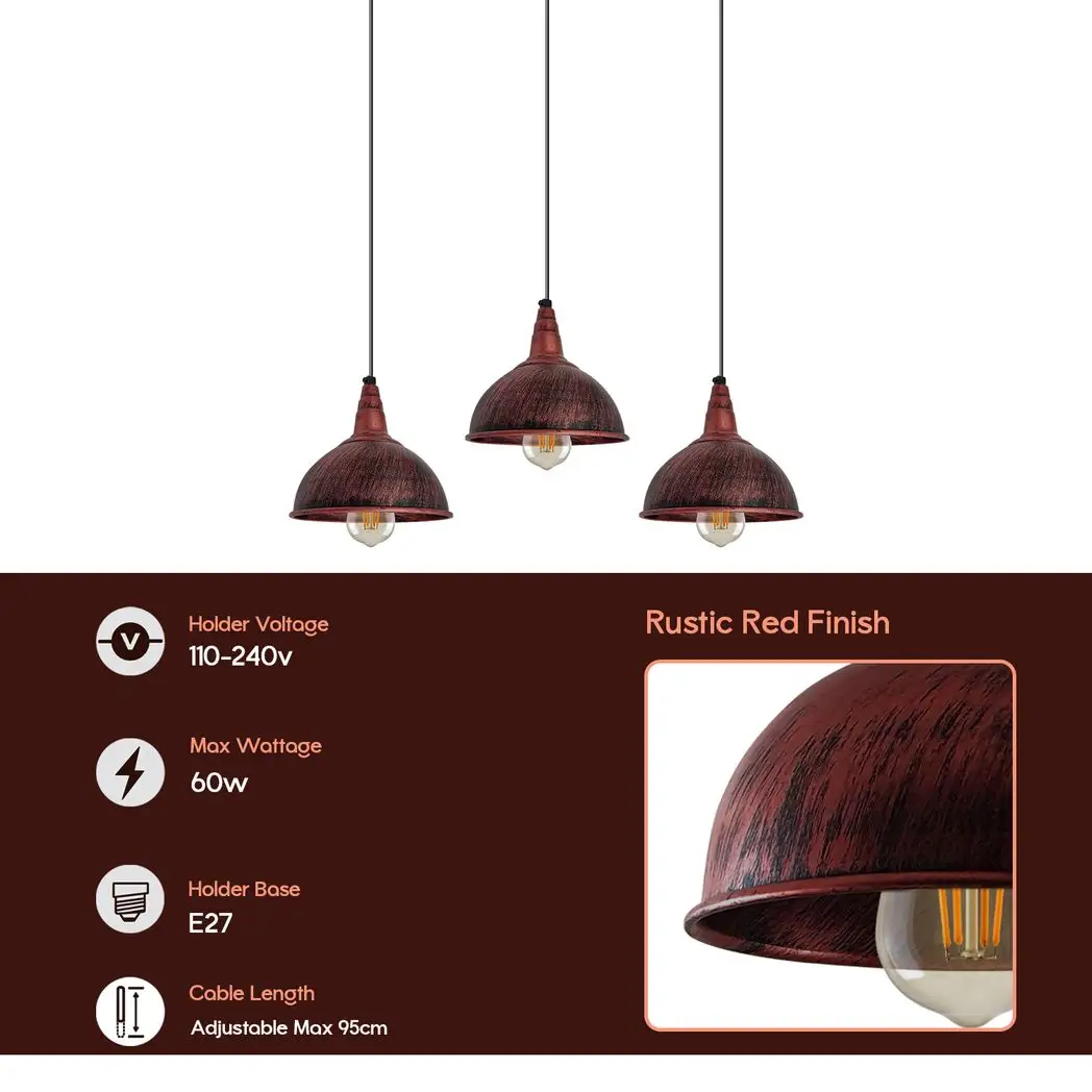 Un-branded Vintage Industrial Rustic Red 3 Head Reactangle Pendant Cord E27 Base Metal Brushed Light Fitting Small Dome Lamp Shade - Pendant Lights