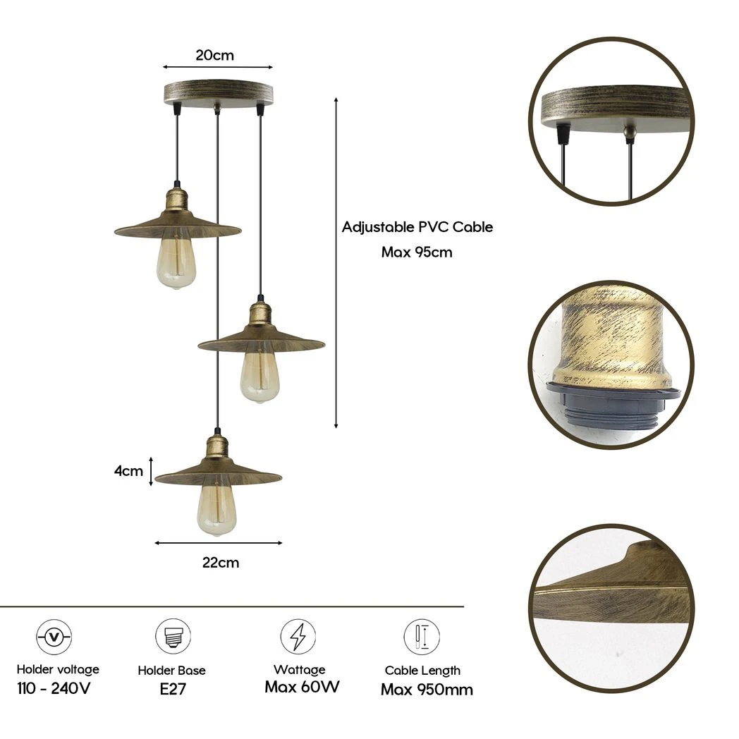 Brushed Brass Pendant Light 22cm Four Head Home by LEDSONE