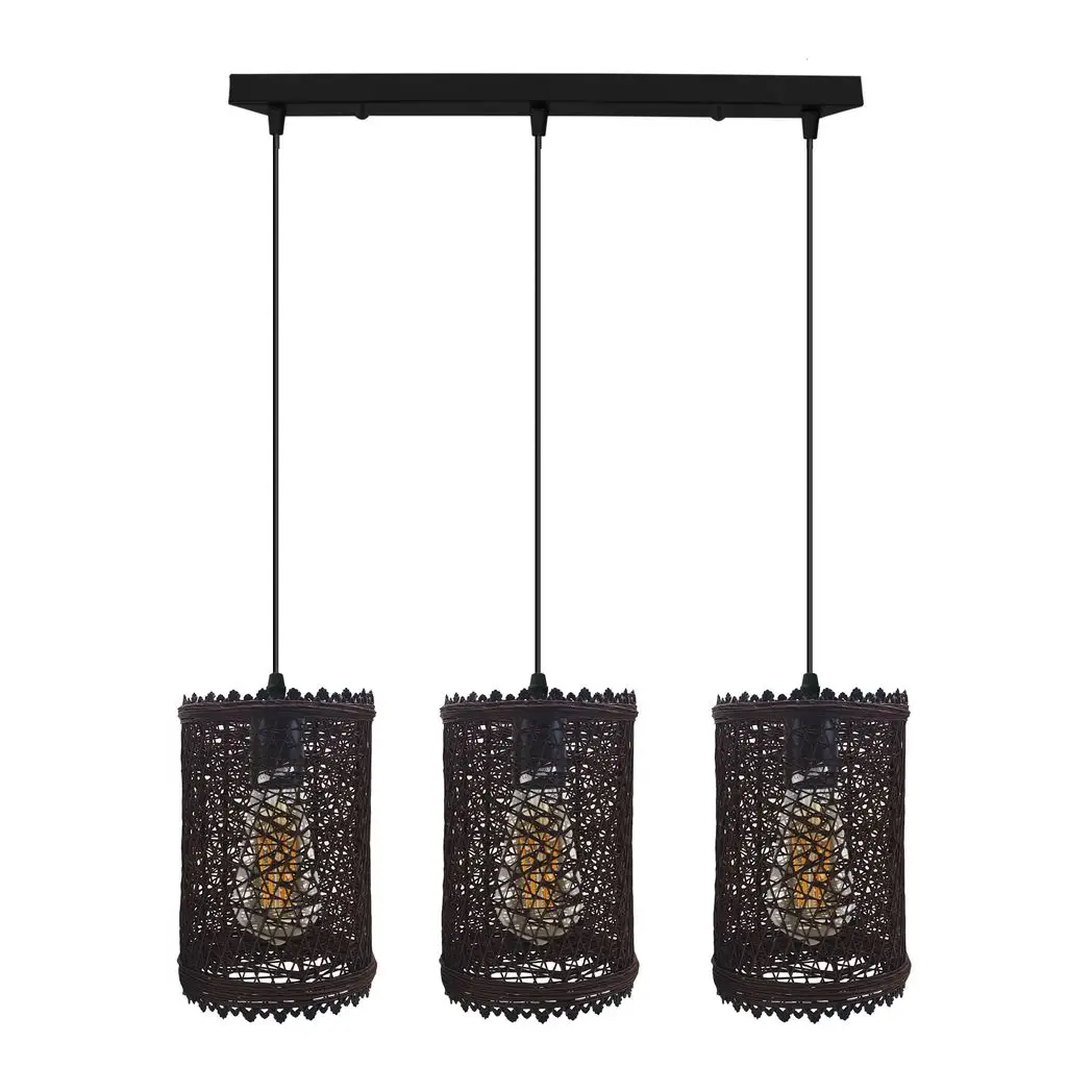 LEDSONE 3 Head Rectangle Base Natural Wicker Rattan Ceiling Pendant Light Shade - Pendant Lights