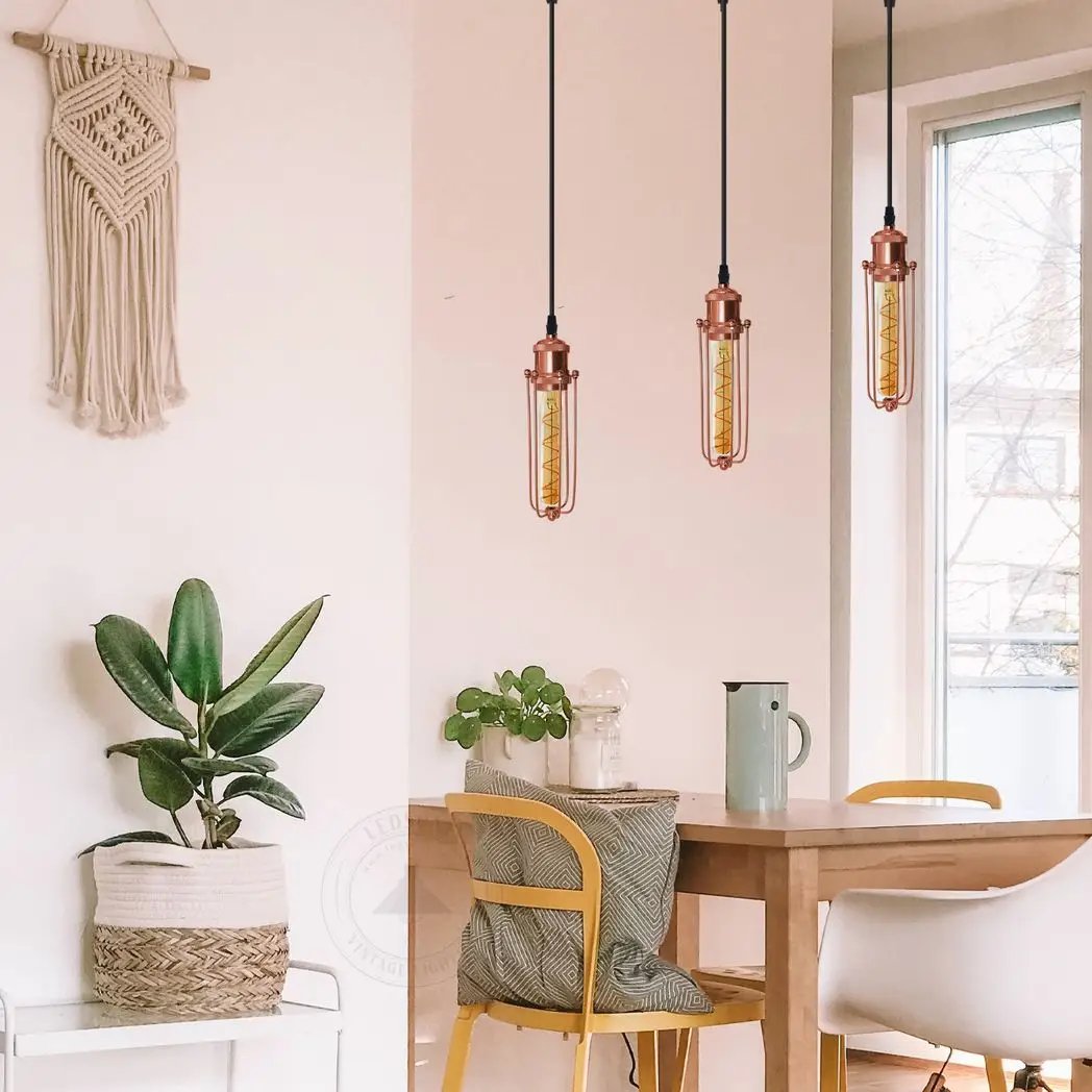 LEDSONE 3 Head Rectangle Rose Gold Ceiling E27 Pendant Light with Wire Cage, Industrial Vintage Hanging Lamp Fixture - Pendant Lights