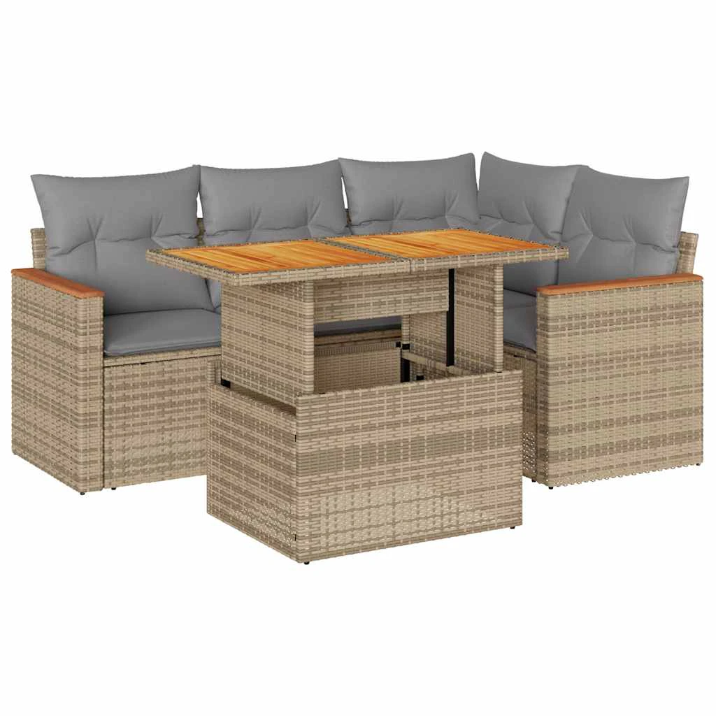 vidaXL 5 Piece Garden Sofa Set with Cushions Black Poly Rattan Acacia by vidaXL