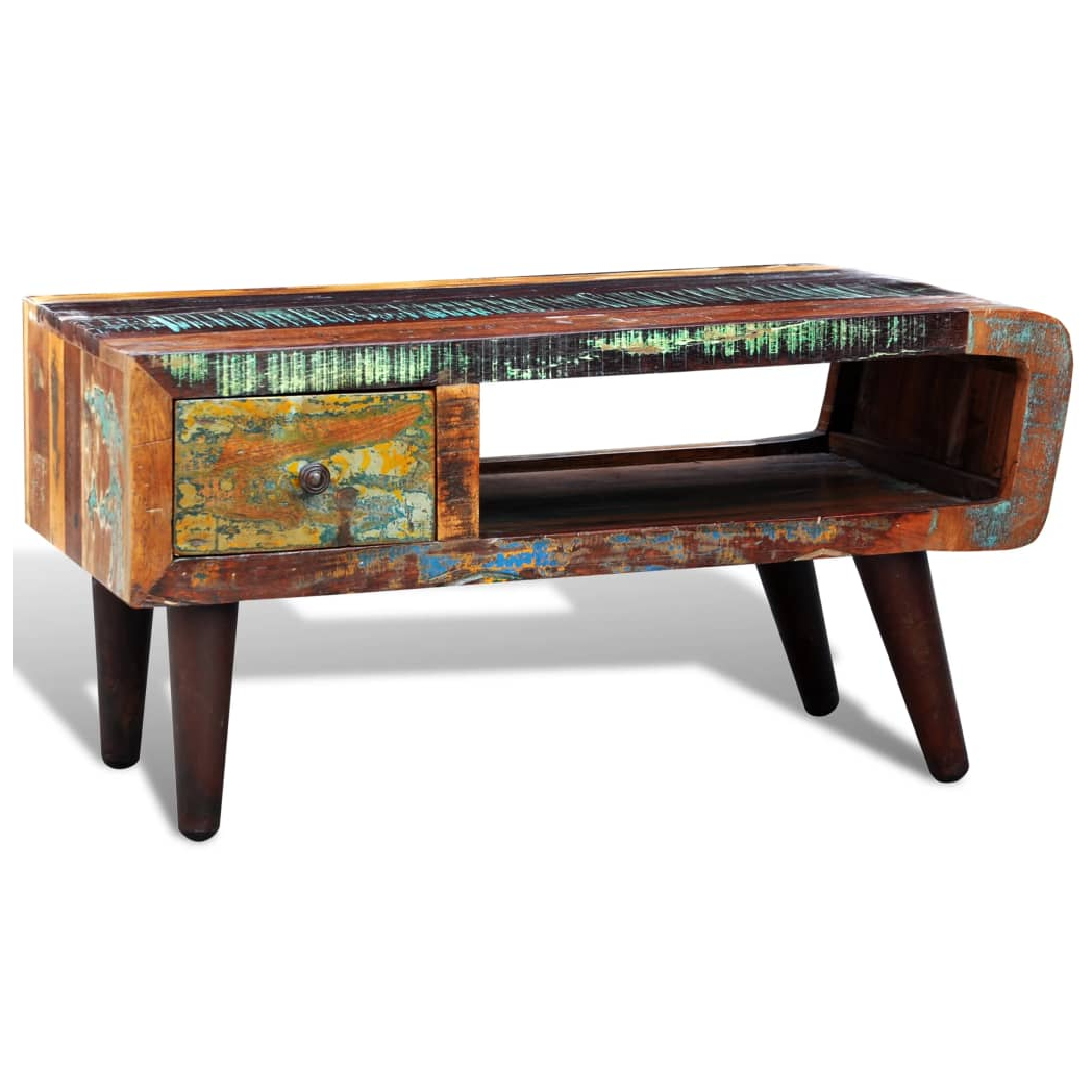 vidaXL VidaXL Coffee Table Reclaimed Wood With Curved Edge And 1 Drawer Antique Style Finish For Living Room - Coffee Table